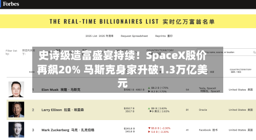 史诗级造富盛宴持续！SpaceX股价再飙20% 马斯克身家升破1.3万亿美元