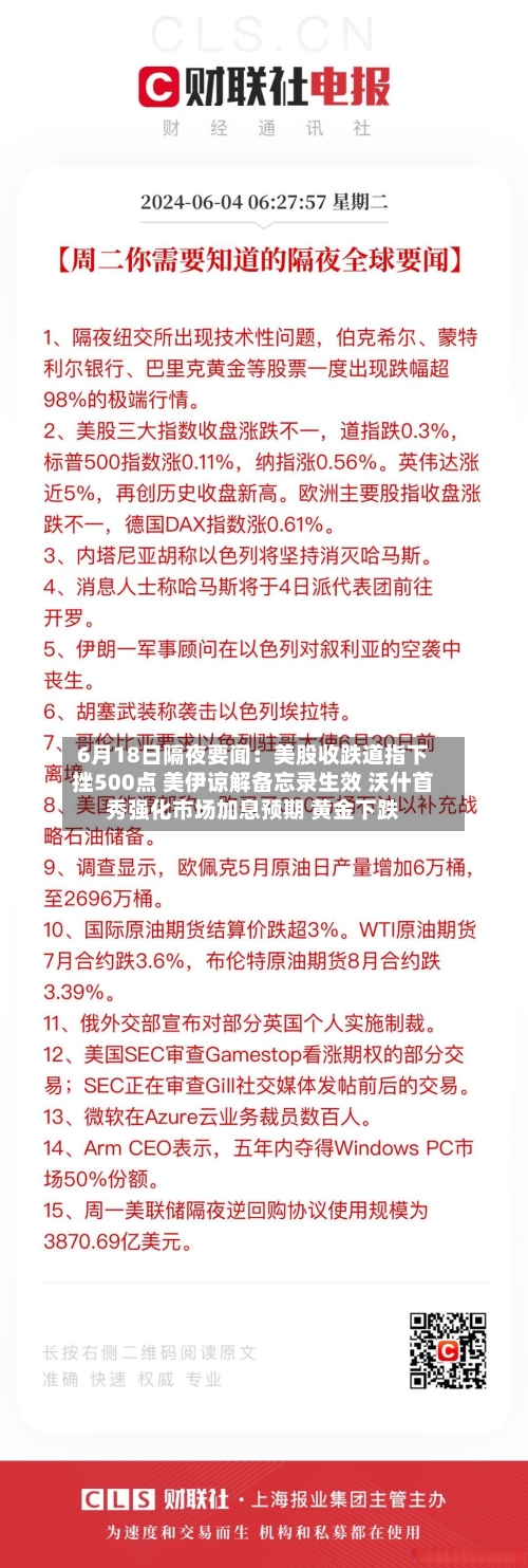 6月18日隔夜要闻：美股收跌道指下挫500点 美伊谅解备忘录生效 沃什首秀强化市场加息预期 黄金下跌-第1张图片