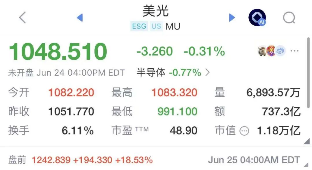 美股存储芯片盘前大涨，美光业绩炸裂狂飙超18%，闪迪涨12%	，希捷科技涨近9%